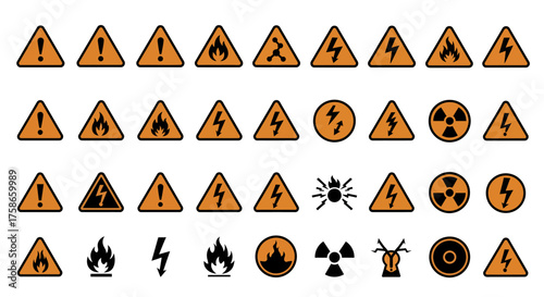 Triangular warning signs for hazardous materials and electrical safety symbols