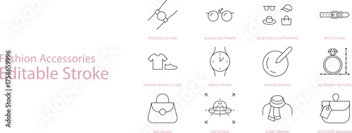 Fashion Accessories Line Icon Set, Isolated on Transparent Background, Editable Stroke