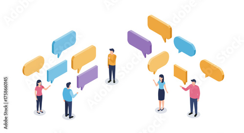 Isometric concept of team communication with speech bubbles and diverse people