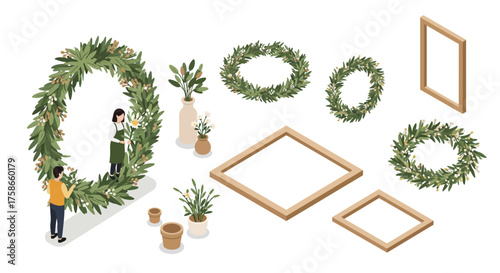 Isometric floral workshop: creating greenery and wooden frames with skill and…