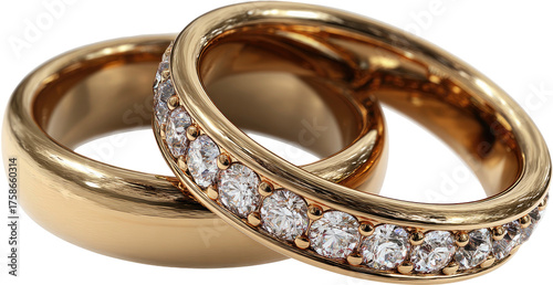 Two golden wedding rings, one with diamonds, overlapping
