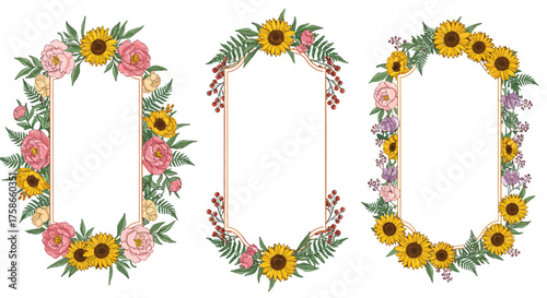 Floral frames with sunflowers and roses in a hand-drawn style for invitations…