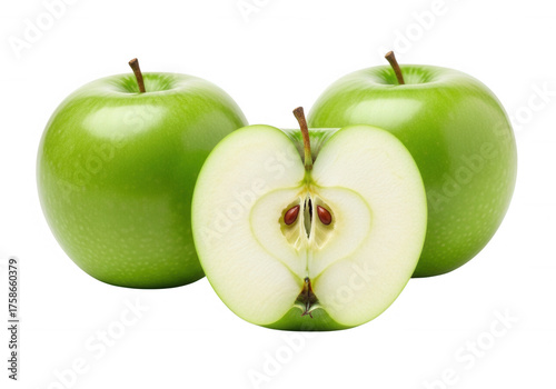 Green apples sliced and whole fruit food isolated on a transparent background