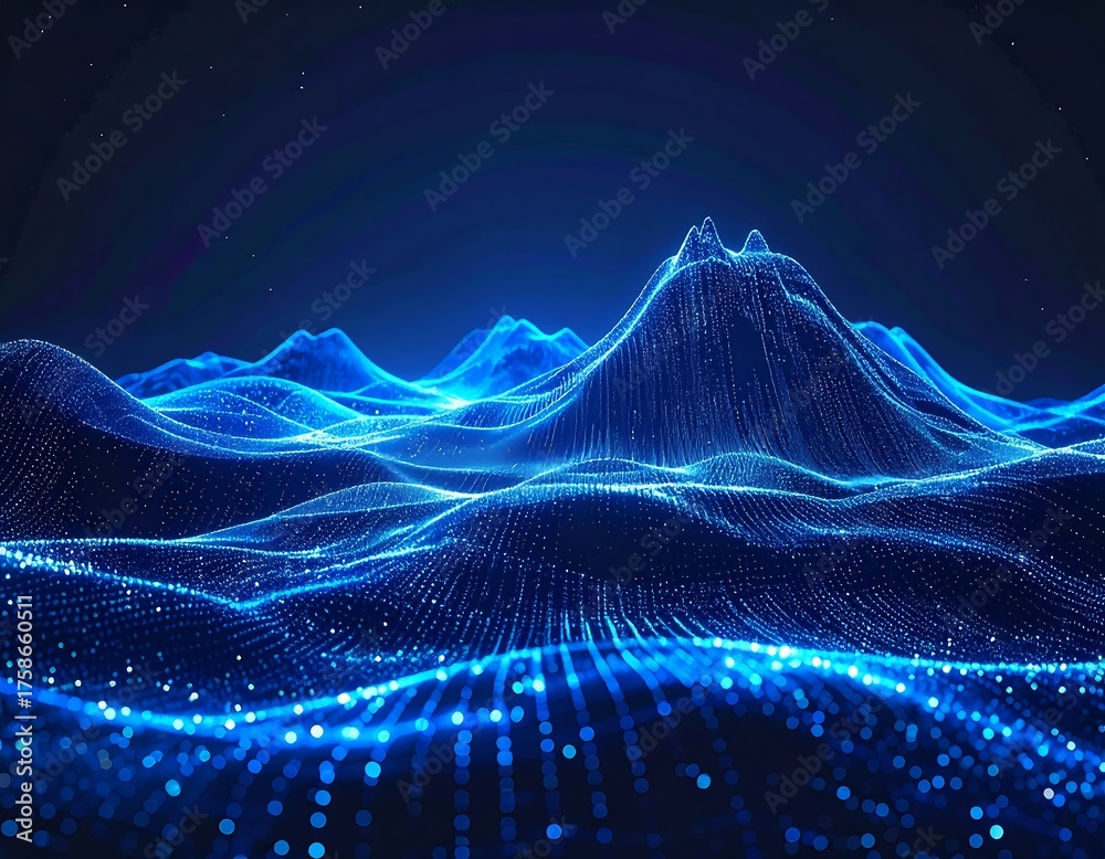 Obraz premium Digital landscape with sparkling dots, blue hues