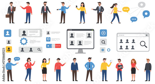 Flat style business people with digital communication interface elements