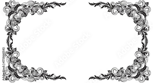 Elegant floral frame with vintage ornamental details in black and white