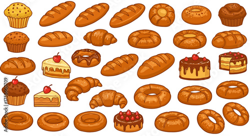 Assorted baked goods collection with muffins, croissants, and cakes in cartoo…