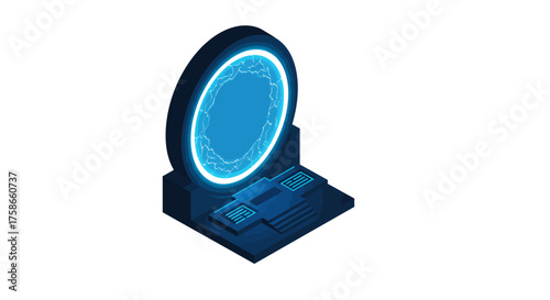 Futuristic neon portal with electric blue glow and isometric design