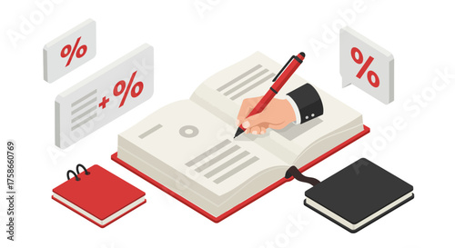 Business planning and calculation with red notebooks and handwriting