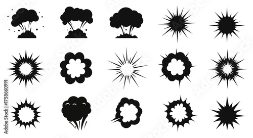 Dynamic explosion set: diverse silhouette burst icons with impact effects
