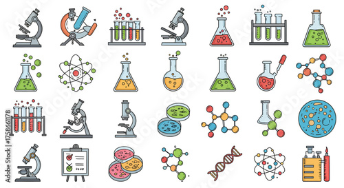 Science equipment and chemical reactions in colorful laboratory setting
