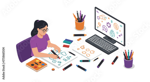 Creative designer drawing on tablet at desk with computer in modern workspace