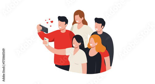 Group of friends taking selfies together in a colorful and cheerful composition
