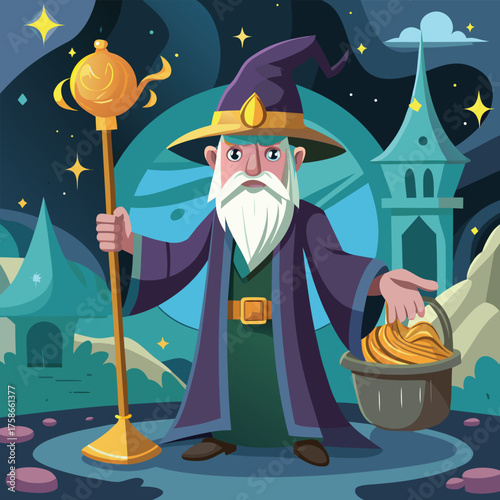 wizard holding a golden toilet staff  comical fant.eps