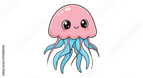 Cute kawaii jellyfish with happy expression in cartoon style