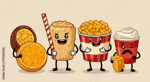 Cute cartoon fast food characters: playful design with snacks and drinks