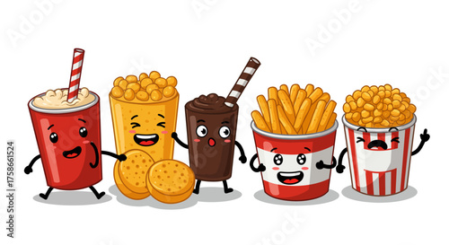 Cute cartoon fast food characters with smiling faces and cheerful expressions