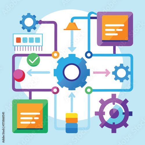 workflow diagram icons with arrows and gears .eps