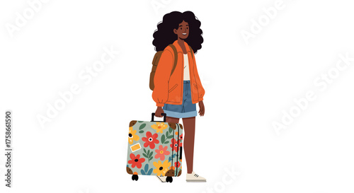 Woman traveler with backpack and floral suitcase on vacation