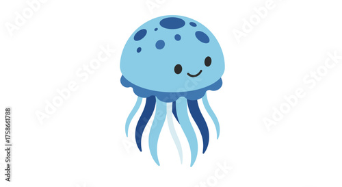 Cute smiling jellyfish with blue tentacles on white background