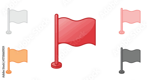 Set of colorful flags in 3d design featuring red, orange, and gray variants