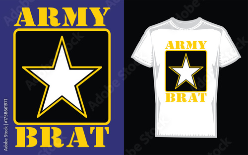 Playful patriotic illustration of a united states army brat featuring a silhouette of a child with military themed elements celebrating american pride and family