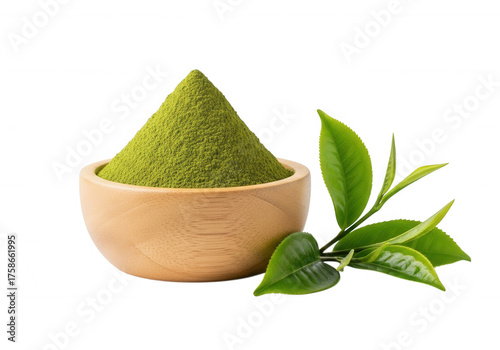 Green powder in wooden bowl with leaves matcha isolated on a transparent background