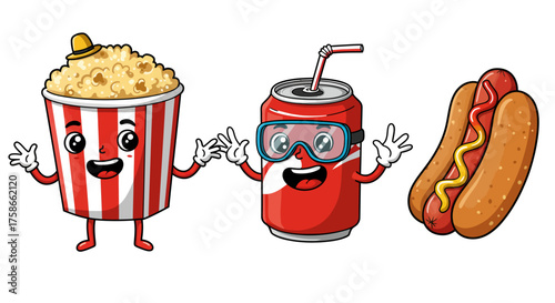 Fun cartoon food characters: popcorn, soda, and hot dog with faces