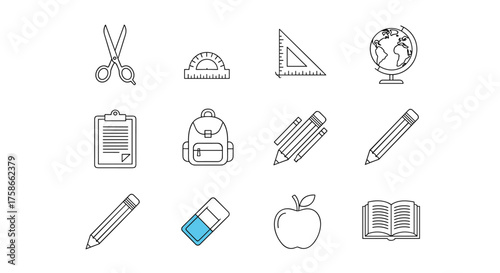 A collection of school supplies icons including scissors a protractor a ruler a globe a clipboard a backpack pencils an apple and an open book.