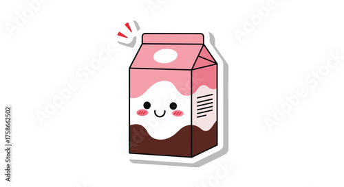 A cute cartoon illustration of a pink strawberry milk carton with a happy face and a chocolate swirl.