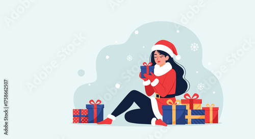 A woman in a santa outfit sitting among Christmas presents and snow.
