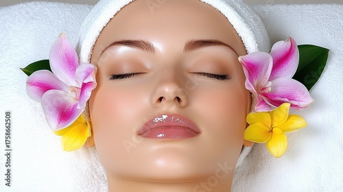 Serene Woman with Flowers on Face, Spa Treatment, Skincare, Beauty