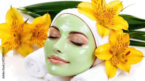 Serene Woman with Green Facial Mask and Yellow Lilies