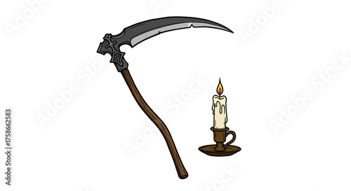 Detailed scythe and candle on white background