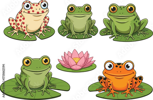 Cartoon frog and lotus character set, playful amphibian illustrations, cute nature clipart, kids vector design, stylized pond icons, whimsical wildlife graphics