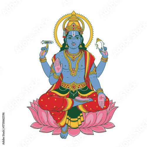 Illustration of Hindu god Vishnu seated on a lotus flower, holding a conch shell and chakra.
