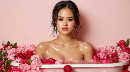 Serene Young Woman in a Pink Rose Petal Bath