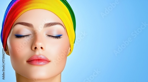 Serene Young Woman in Rainbow Headband, Close Up Portrait