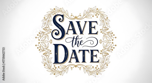 Save the date decorative text with floral elements isolated on white background