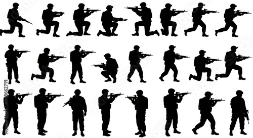 Silhouette soldiers in various poses with rifles for tactical design