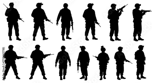 Set of soldier silhouettes with guns in various poses