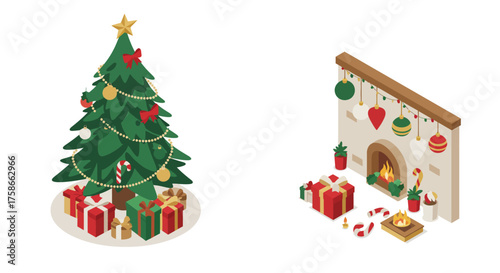 Festive holiday scene with christmas tree and cozy fireplace decor