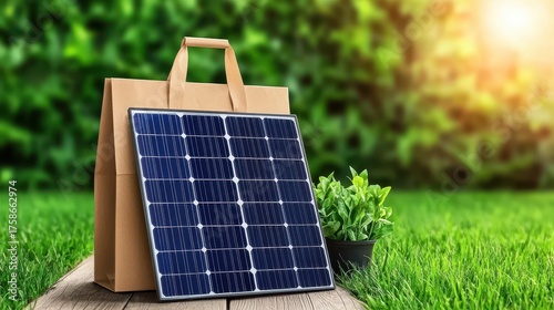 Small Solar Panel in Brown Paper Bag on Grassy Background