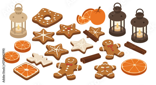 Festive gingerbread cookies and cinnamon with lanterns in isometric style