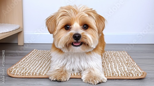 Small Tan and White Dog Relaxing on a Beige Doormat with Neutral Gray