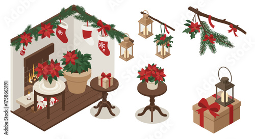 Cozy christmas decor collection with fireplace, lanterns, and festive greener…