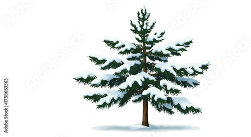 Pine tree covered in snow on white background