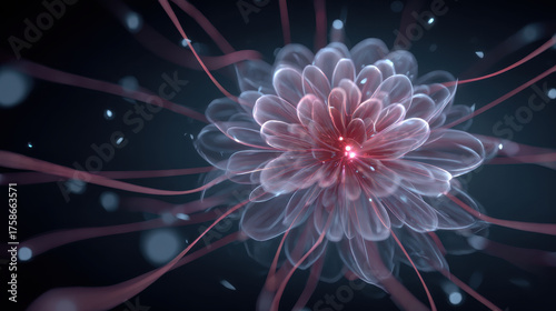Ethereal energy bloom glowing particle core abstract light flower translucent petals red tendrils soft bokeh cosmic aura quantum vibe