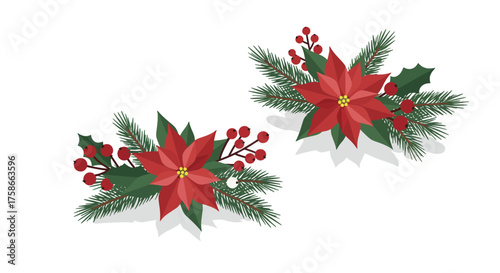 Festive poinsettia arrangements with holly and berries for holiday decorations