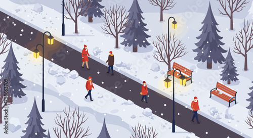 Winter wonderland park scene with people walking under snowy trees and street…